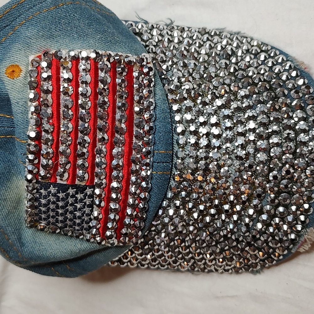 Bling American Flag Denim Distressed Jean Cap USA Hat - Picture 3 of 11